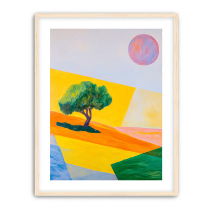 Pink sun over yellow hills