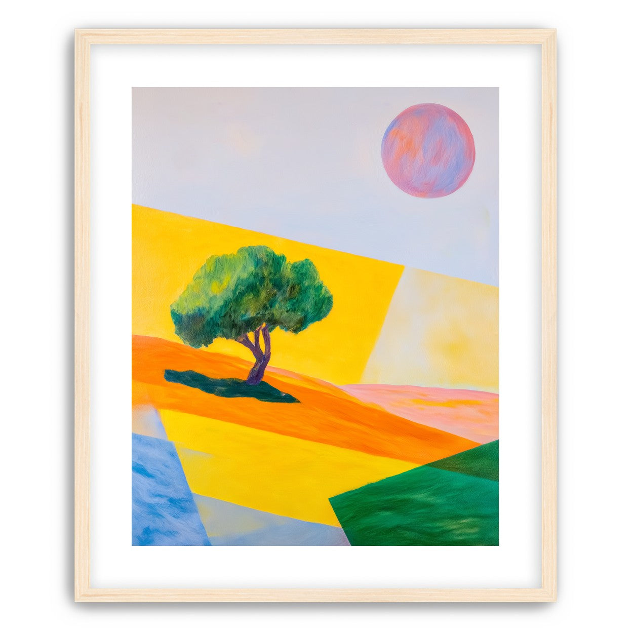 Pink sun over yellow hills