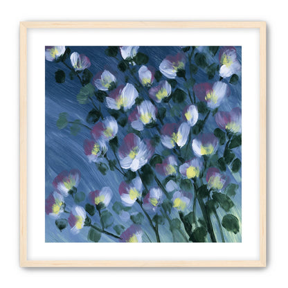 White blossoms on blue field