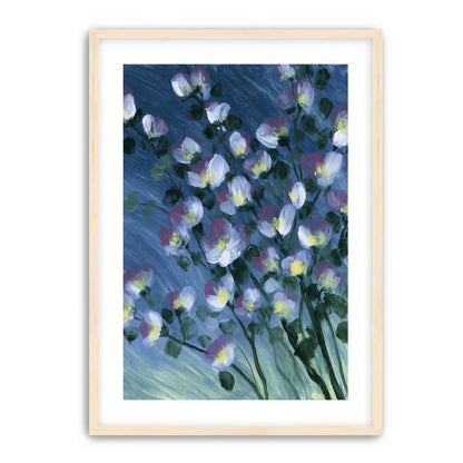 White blossoms on blue field