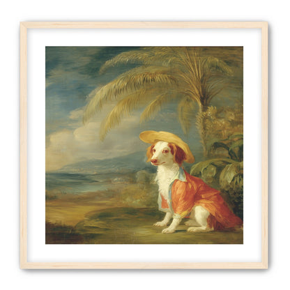 A hatted dog by the sea