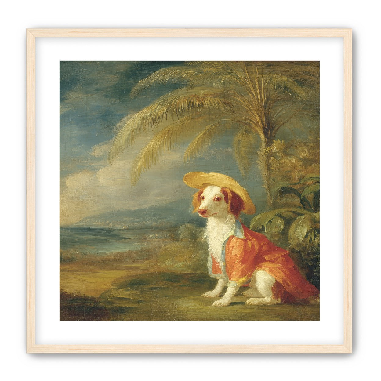 A hatted dog by the sea