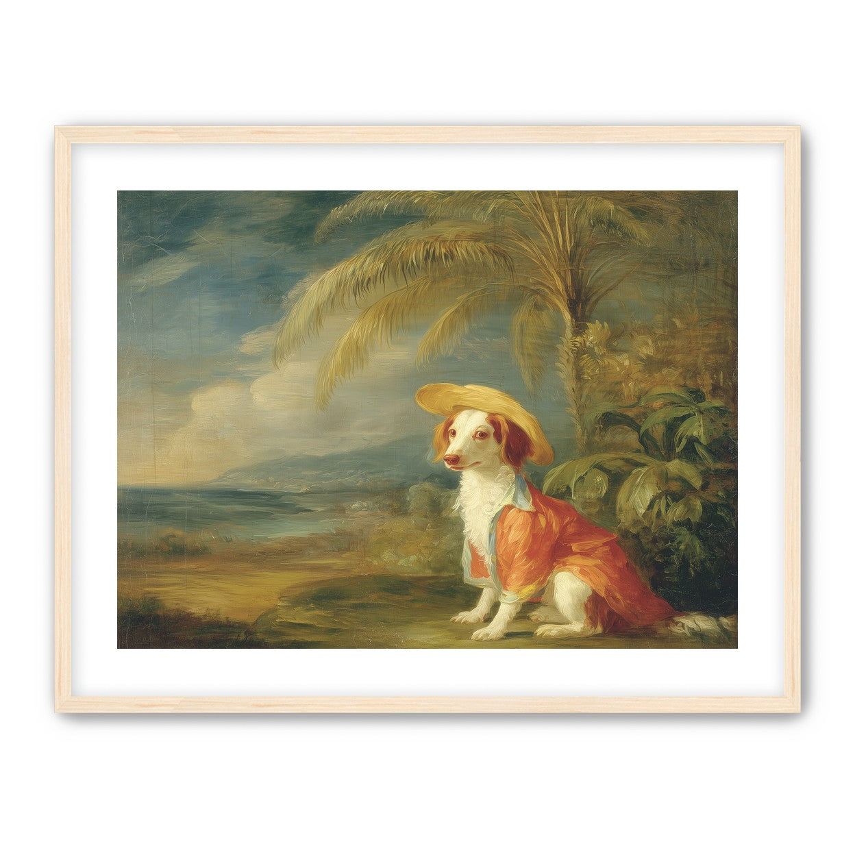 A hatted dog by the sea