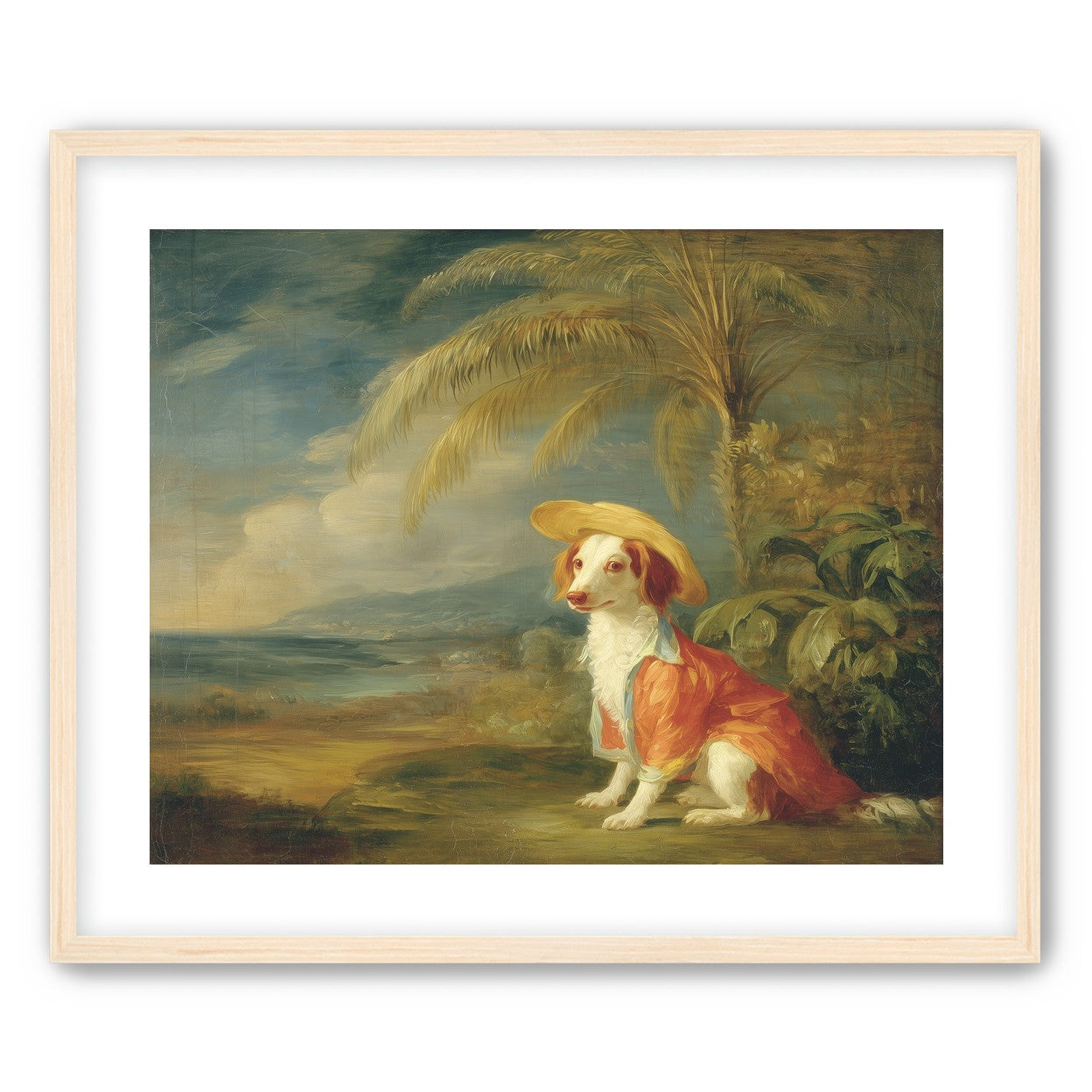 A hatted dog by the sea