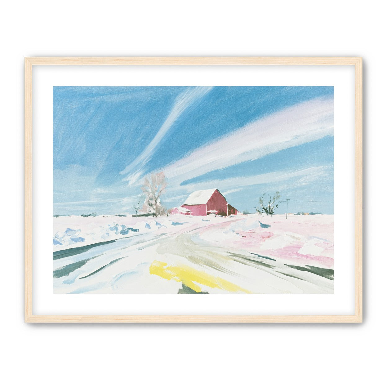 White sky over red barn