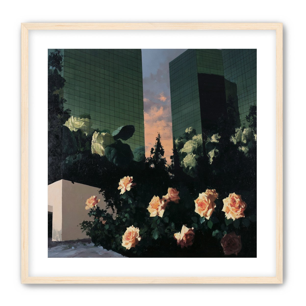 Roses under green towers