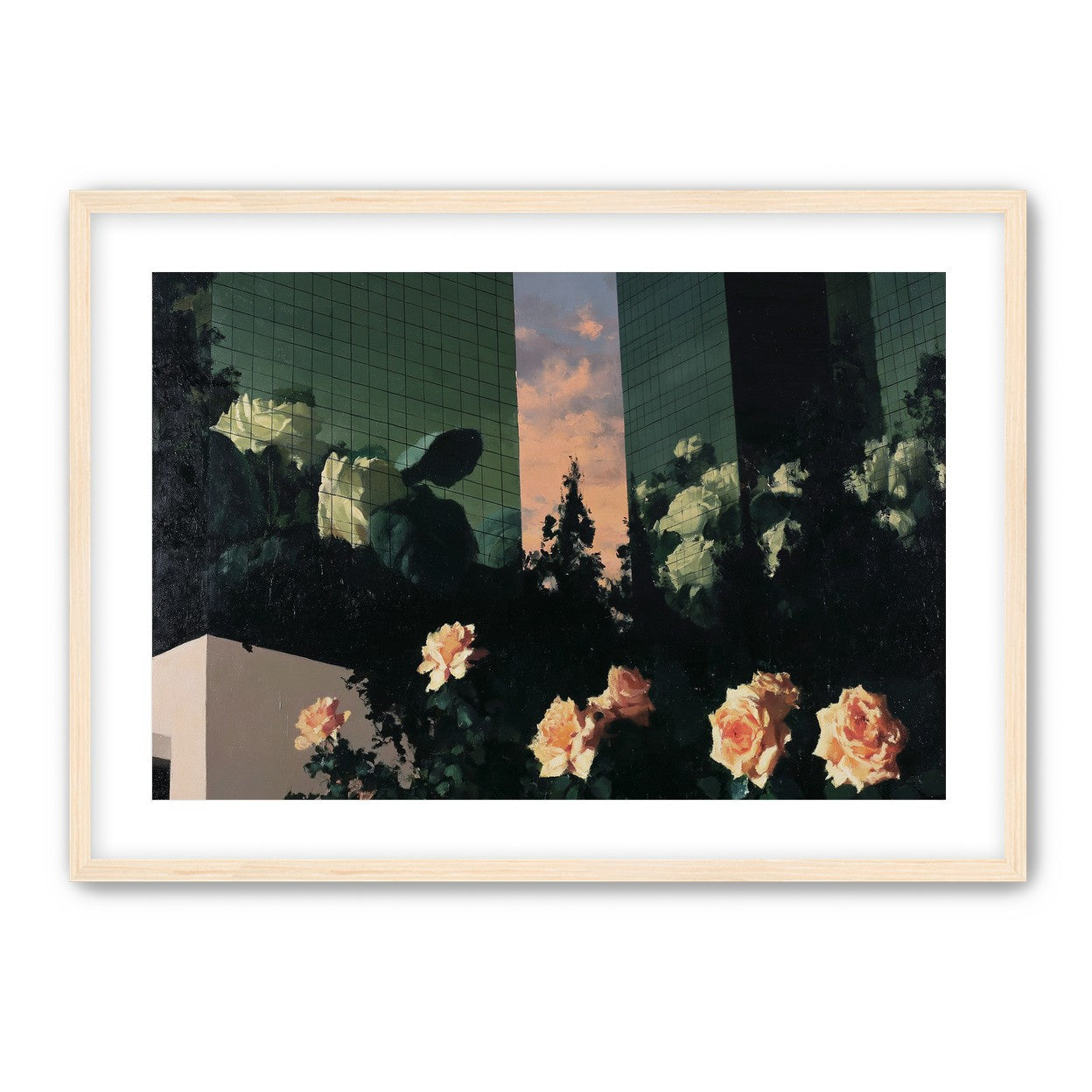 Roses under green towers