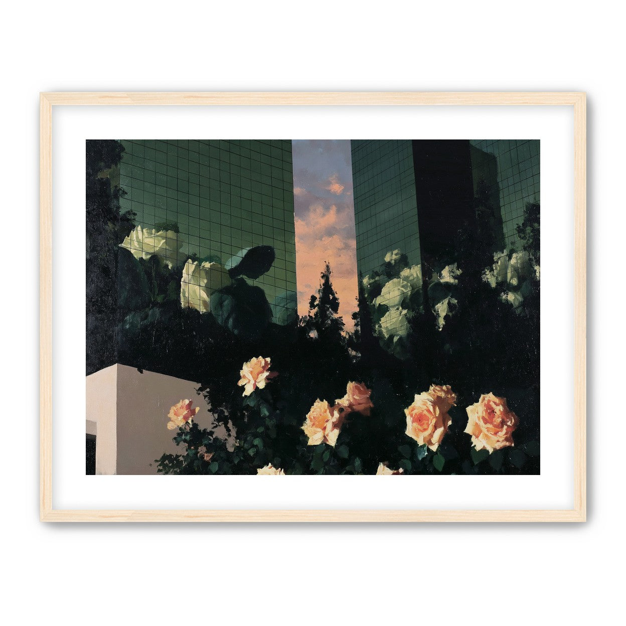 Roses under green towers