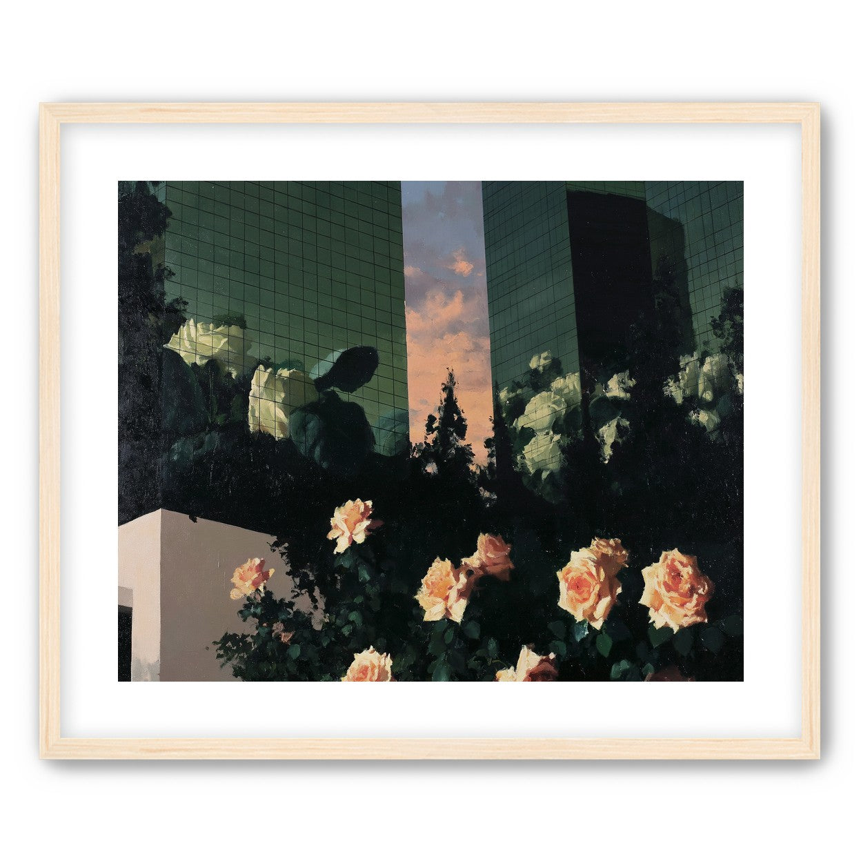 Roses under green towers