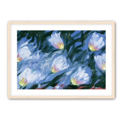 White tulips on blue ground