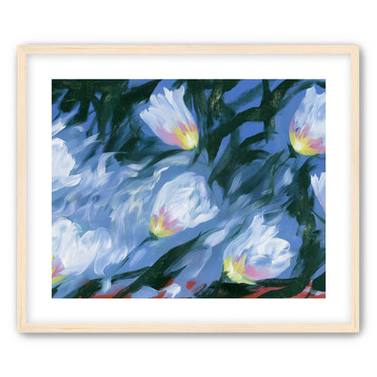 White tulips on blue ground