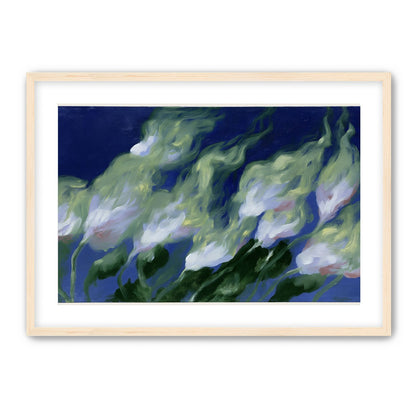 Pale flowers across blue field