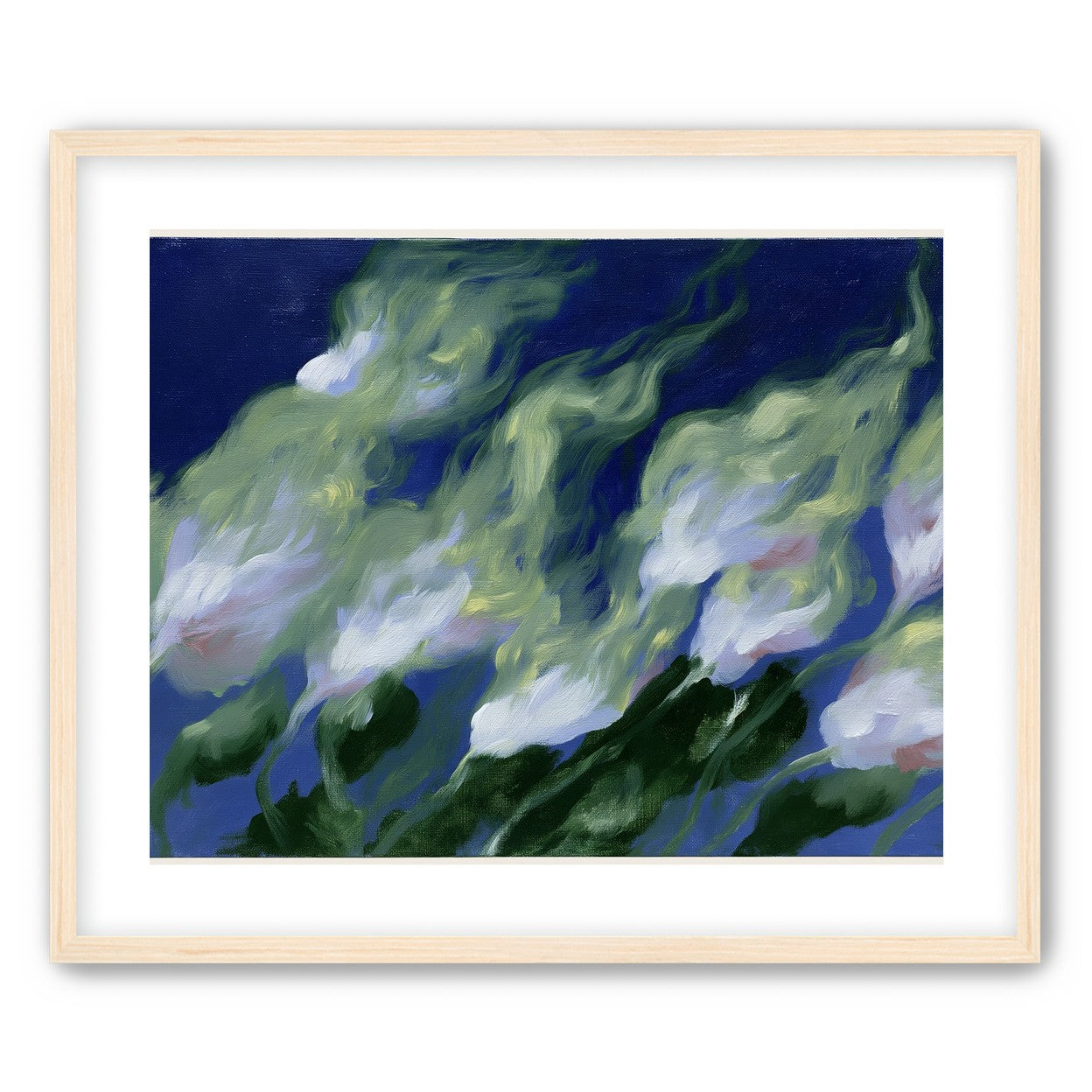 Pale flowers across blue field