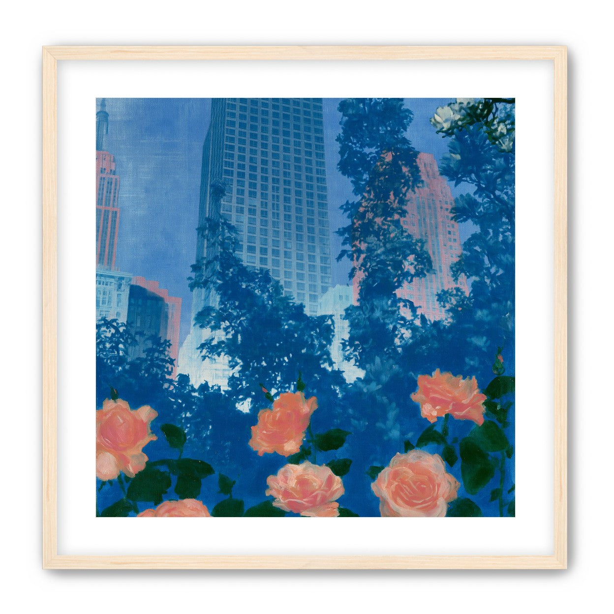 Pink roses below skyscrapers