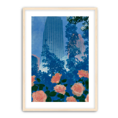 Pink roses below skyscrapers