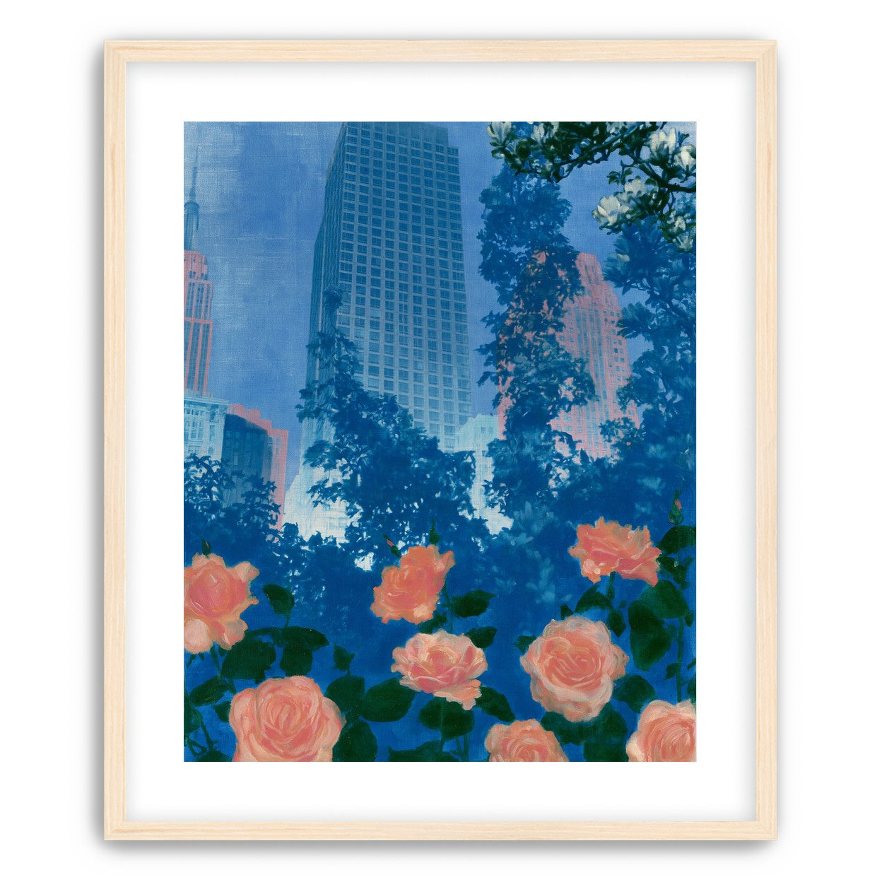 Pink roses below skyscrapers