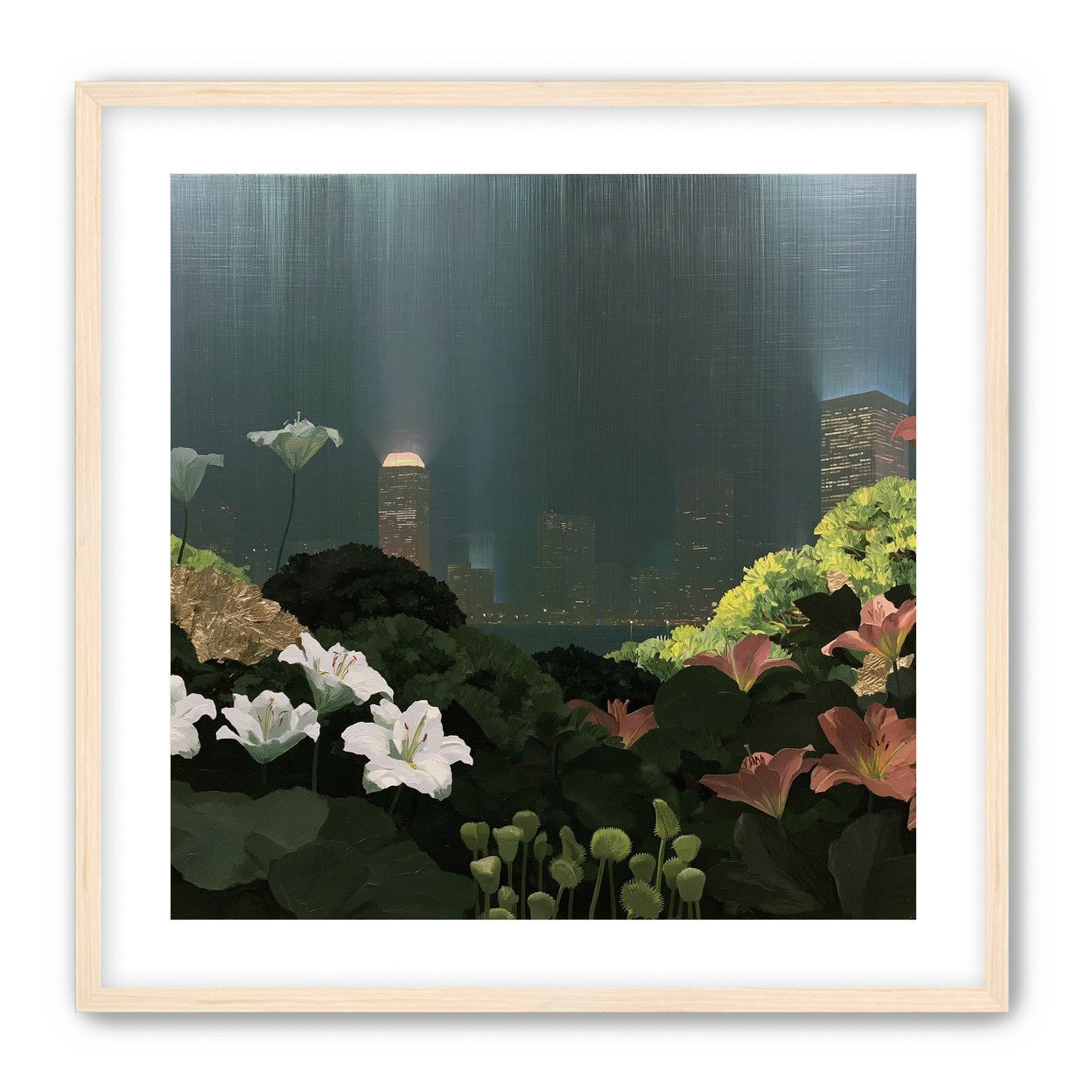 Lilies against the lit skyline