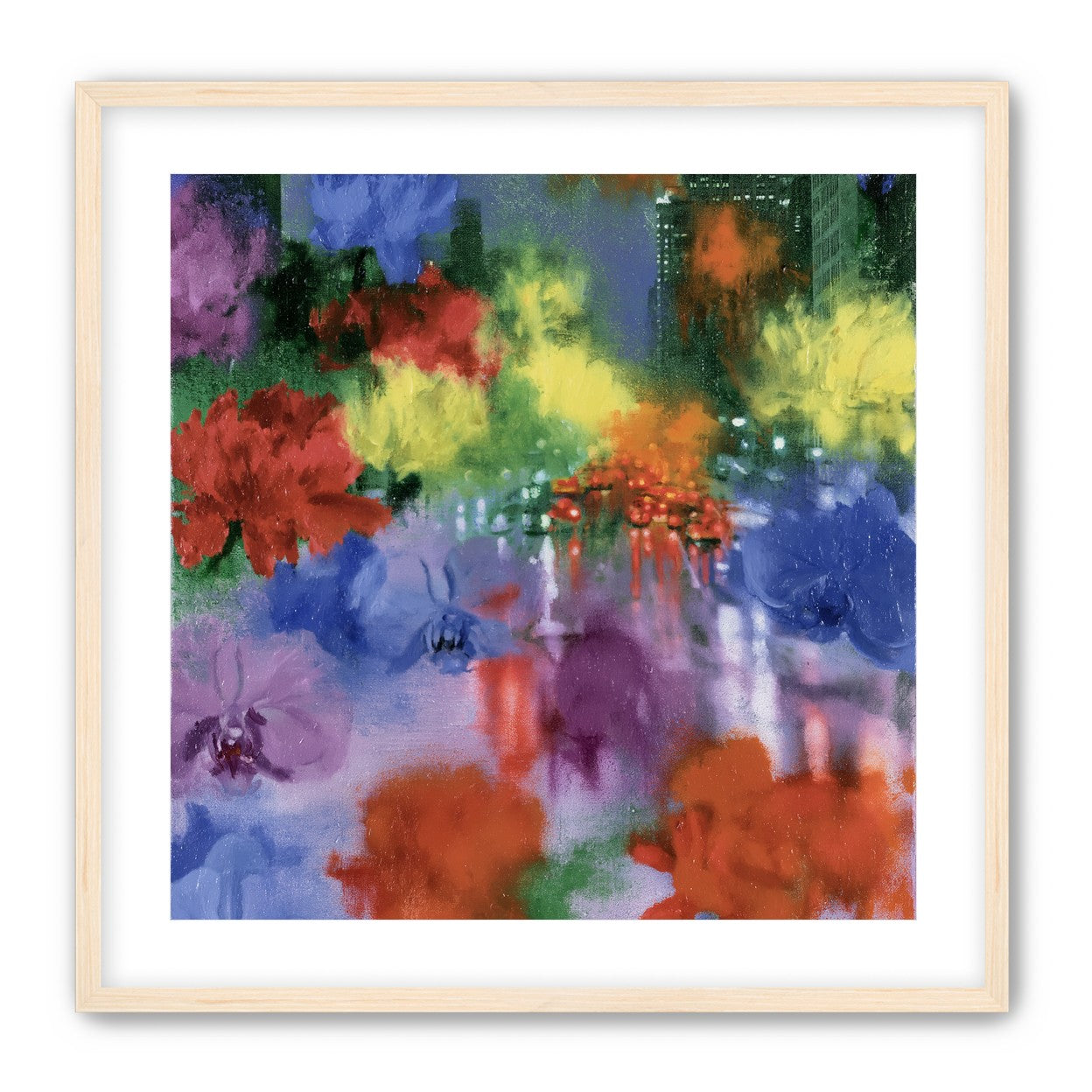 Neon traffic under painted blooms