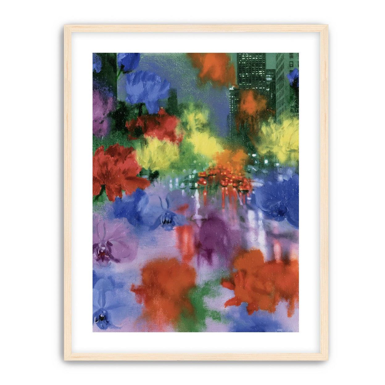 Neon traffic under painted blooms