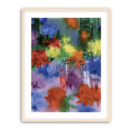 Neon traffic under painted blooms