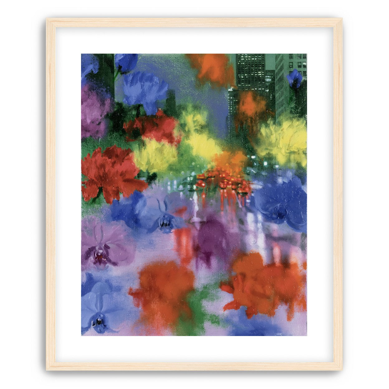 Neon traffic under painted blooms