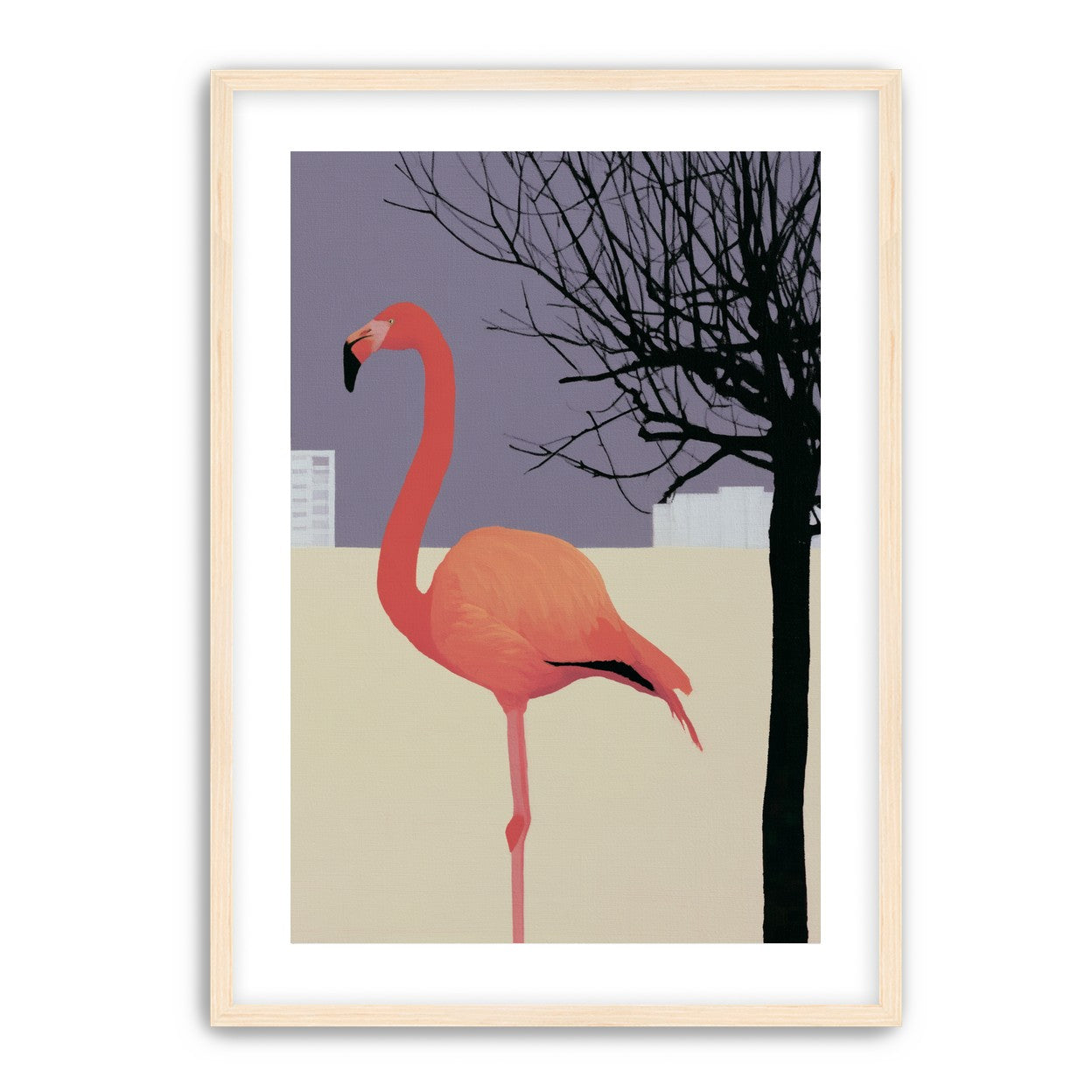 A flamingo beside the bare tree