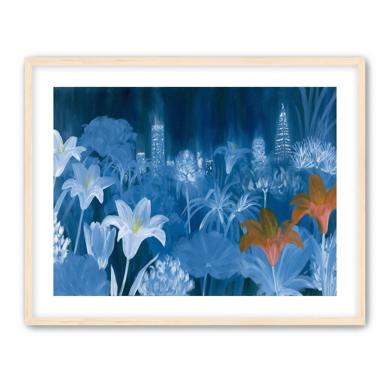 City lights behind lilies