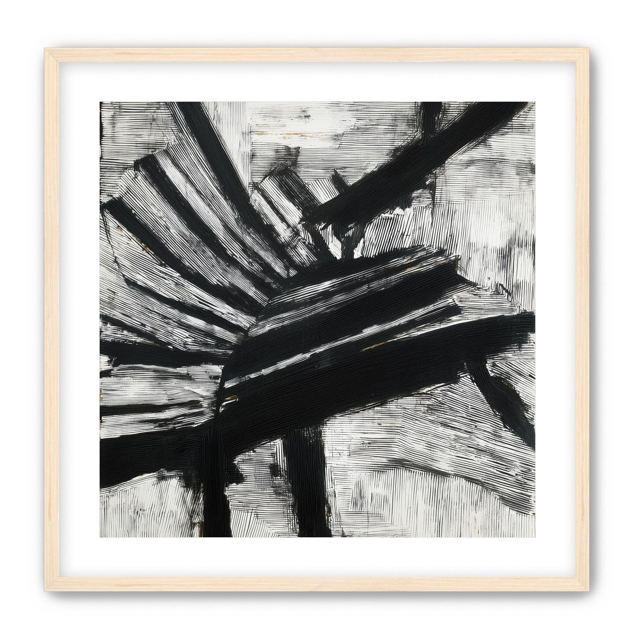 Non-Representational: Thick black brushstrokes cross and stack over a white surface filled with fine scratched lines.