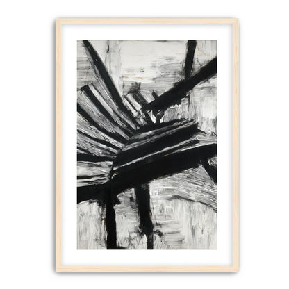 Non-Representational: Thick black brushstrokes cross and stack over a white surface filled with fine scratched lines.
