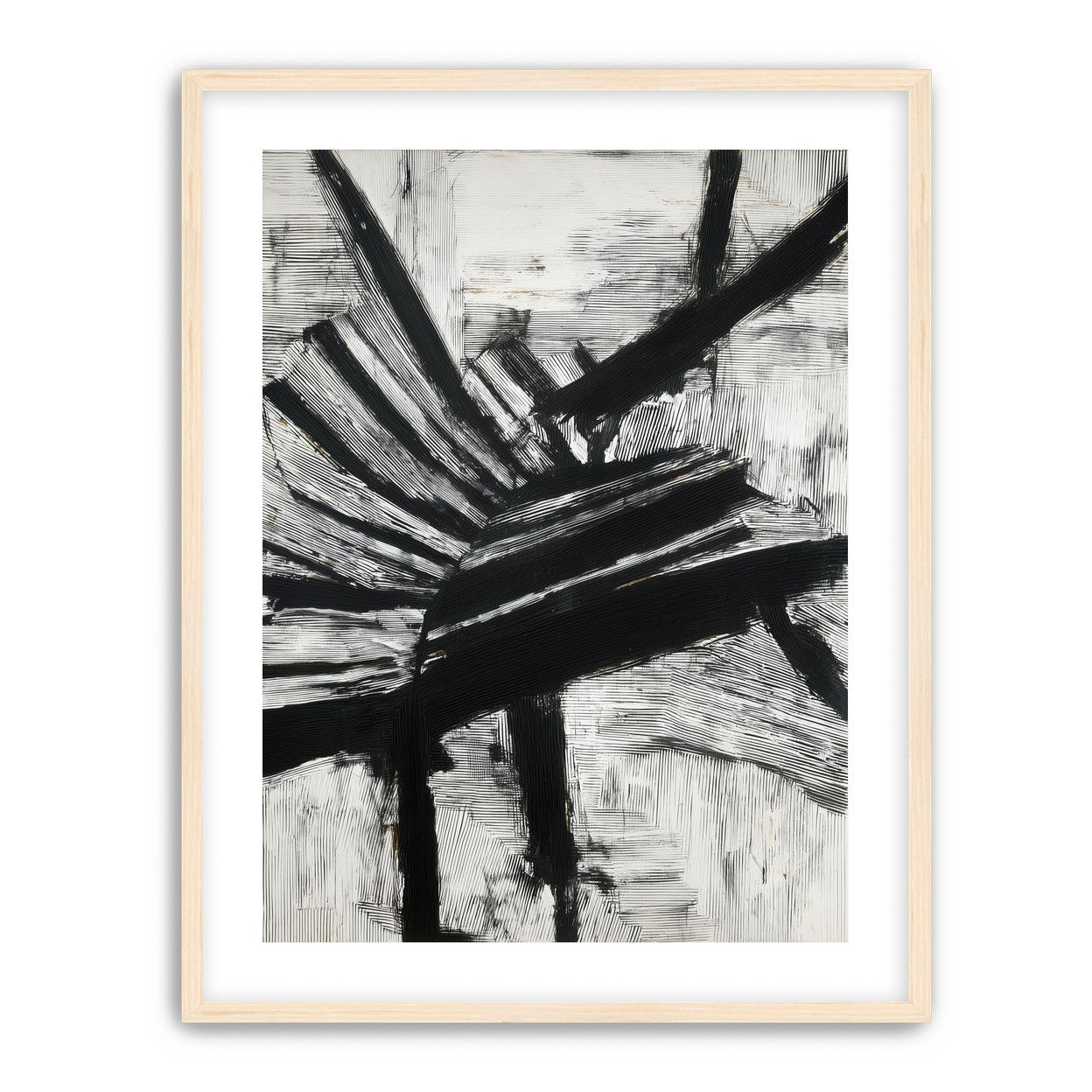 Non-Representational: Thick black brushstrokes cross and stack over a white surface filled with fine scratched lines.