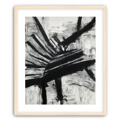 Non-Representational: Thick black brushstrokes cross and stack over a white surface filled with fine scratched lines.