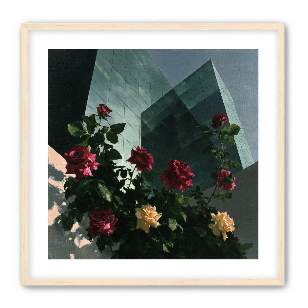 Roses against glass towers