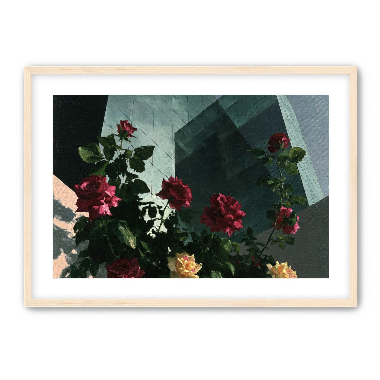 Roses against glass towers
