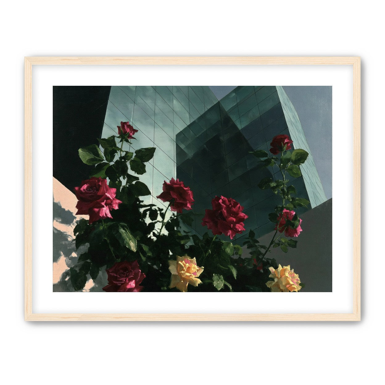 Roses against glass towers