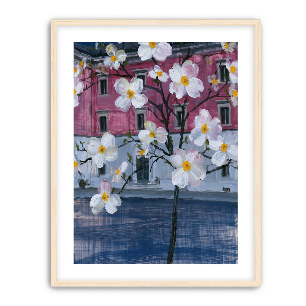 White blossoms over the pink house
