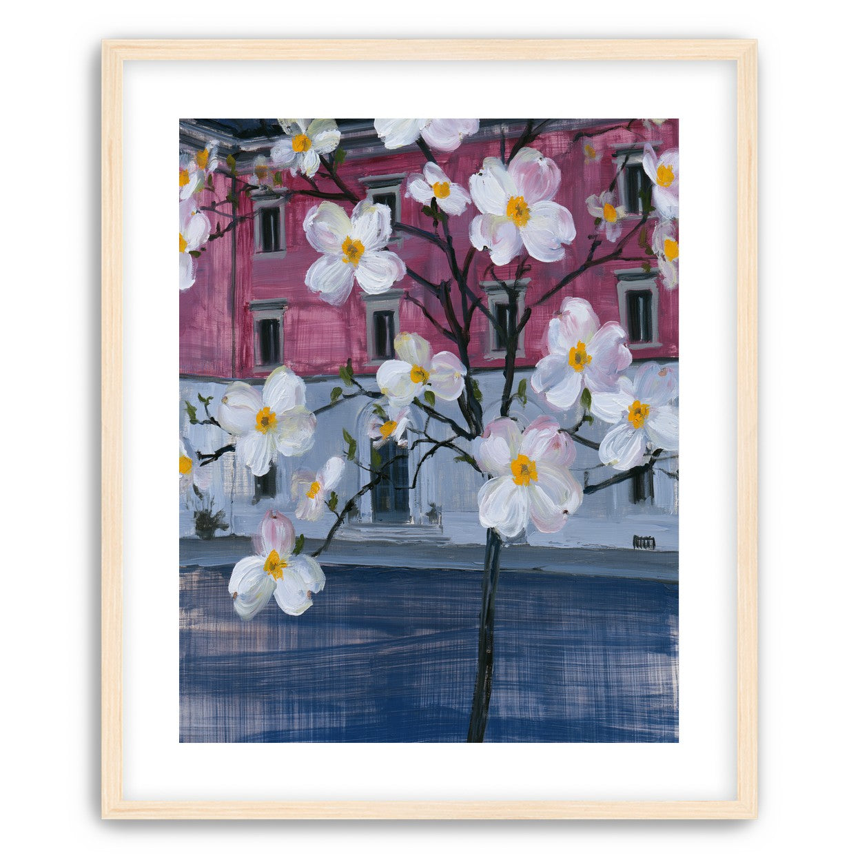White blossoms over the pink house