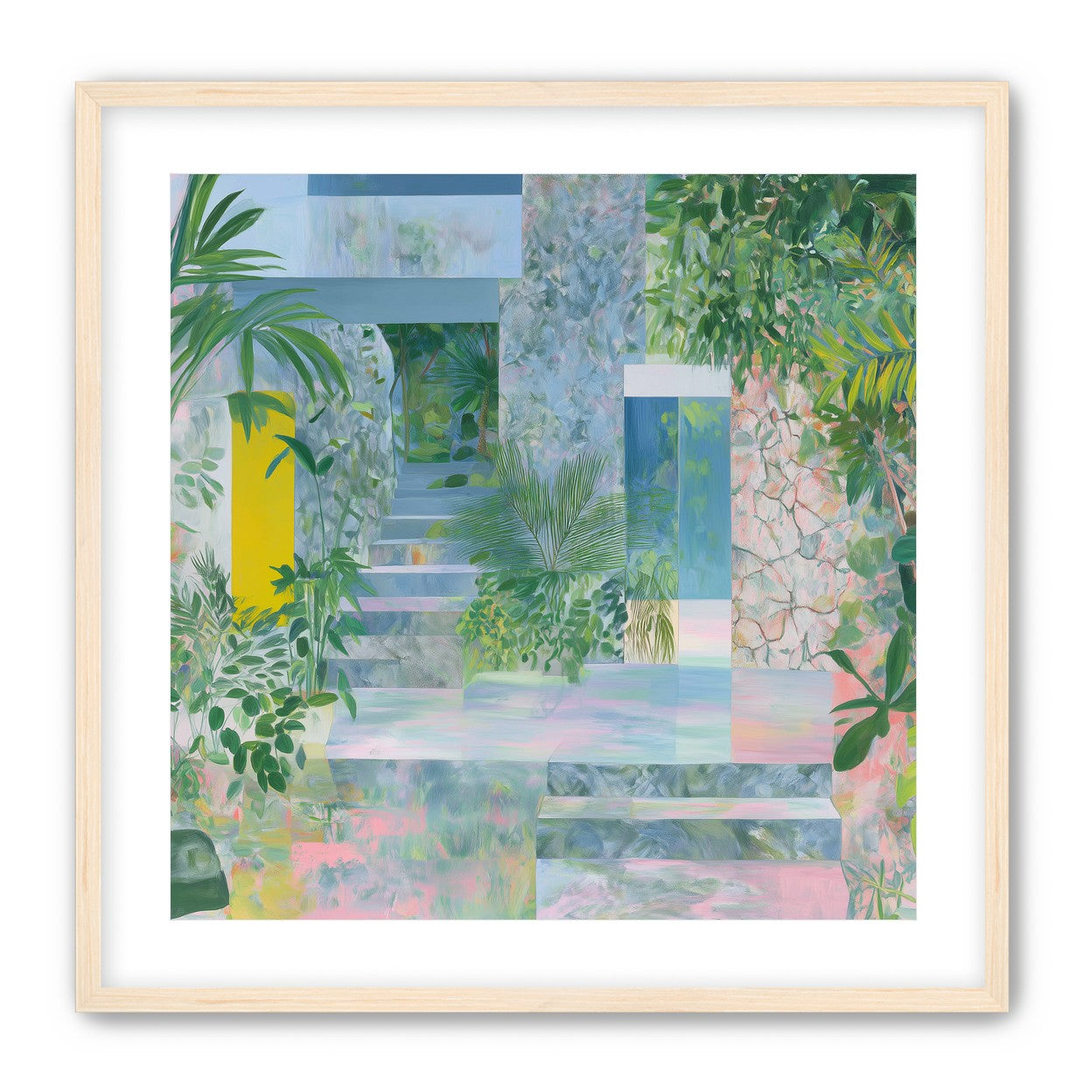 Pastel stairs between yellow and blue doors