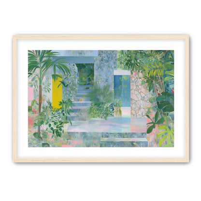 Pastel stairs between yellow and blue doors