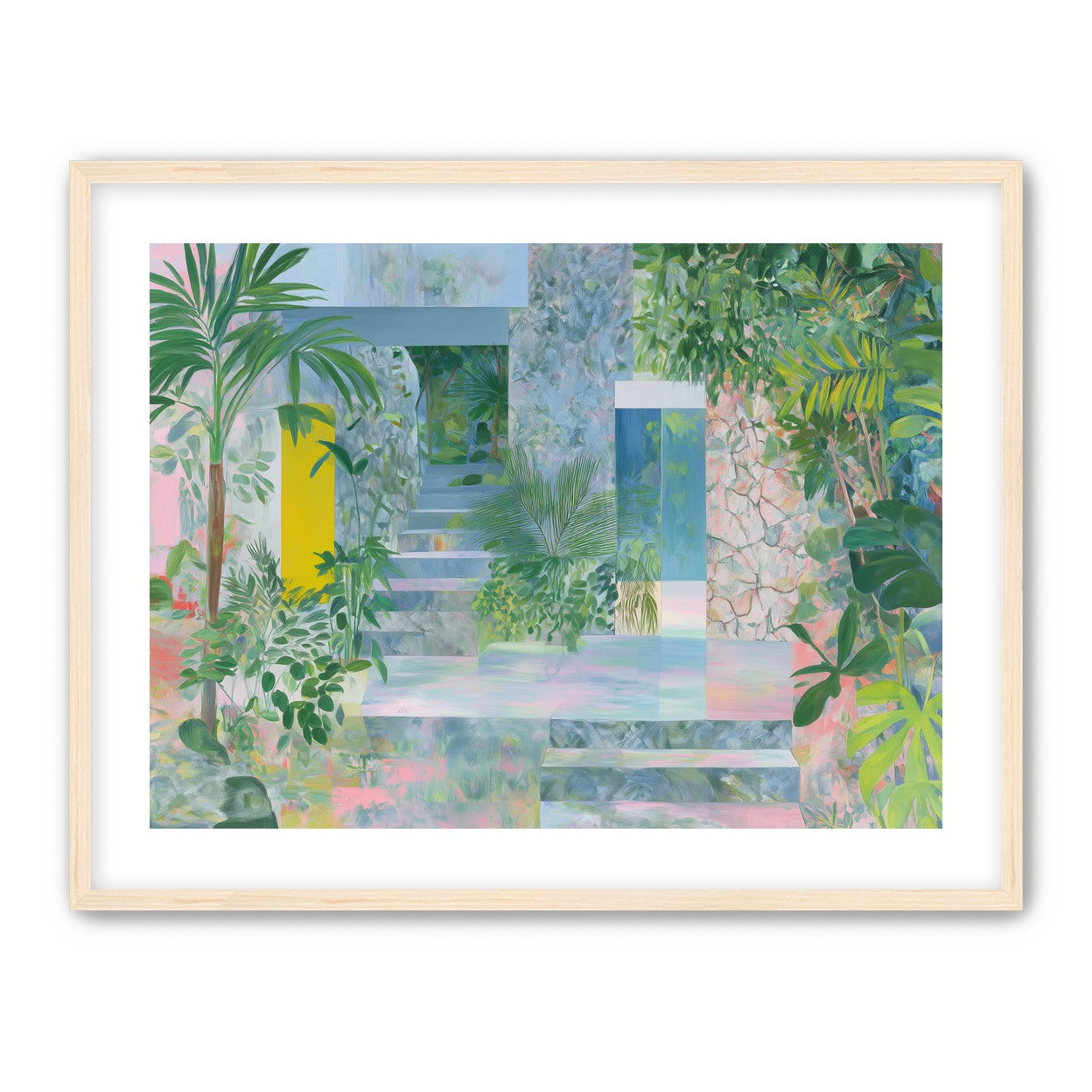 Pastel stairs between yellow and blue doors