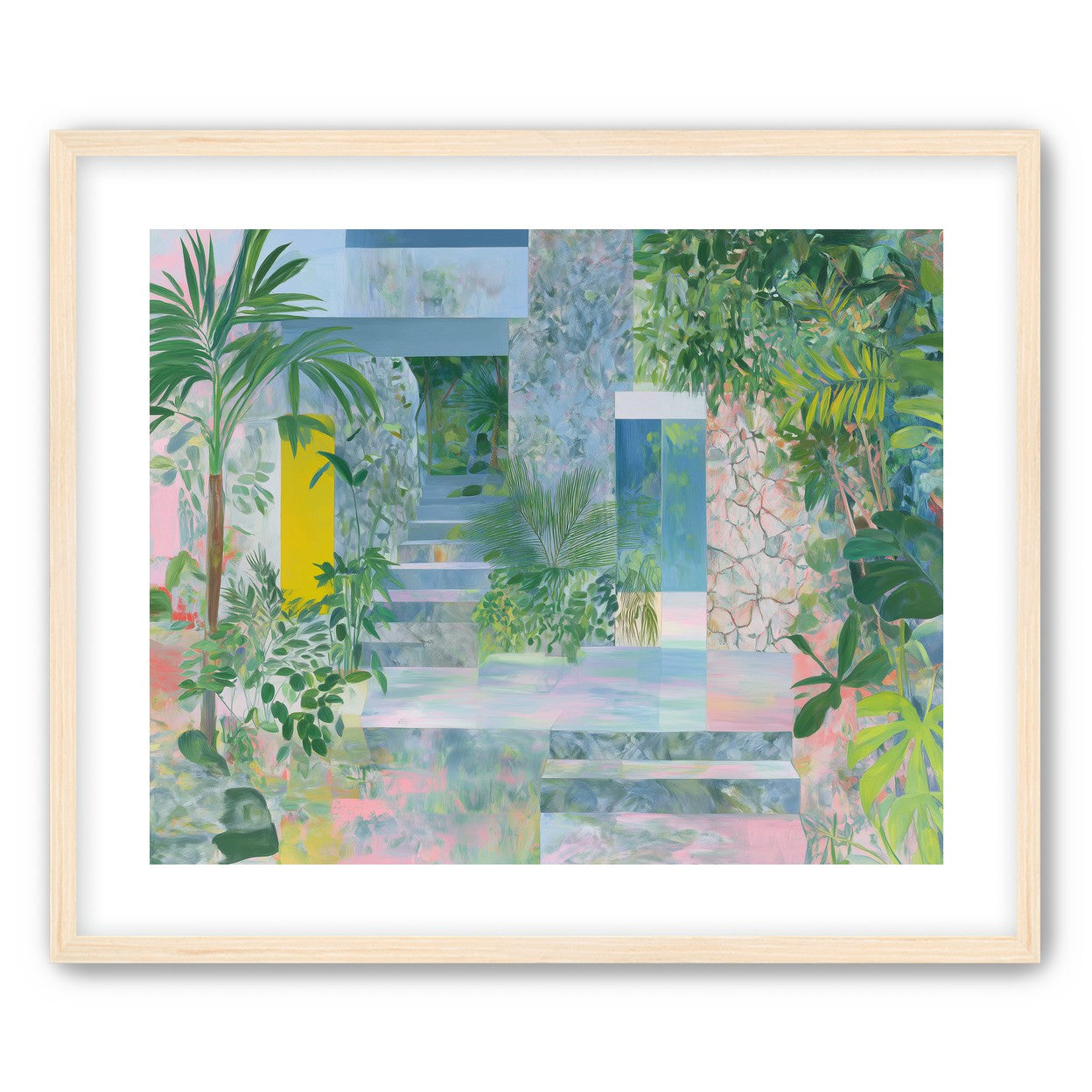 Pastel stairs between yellow and blue doors