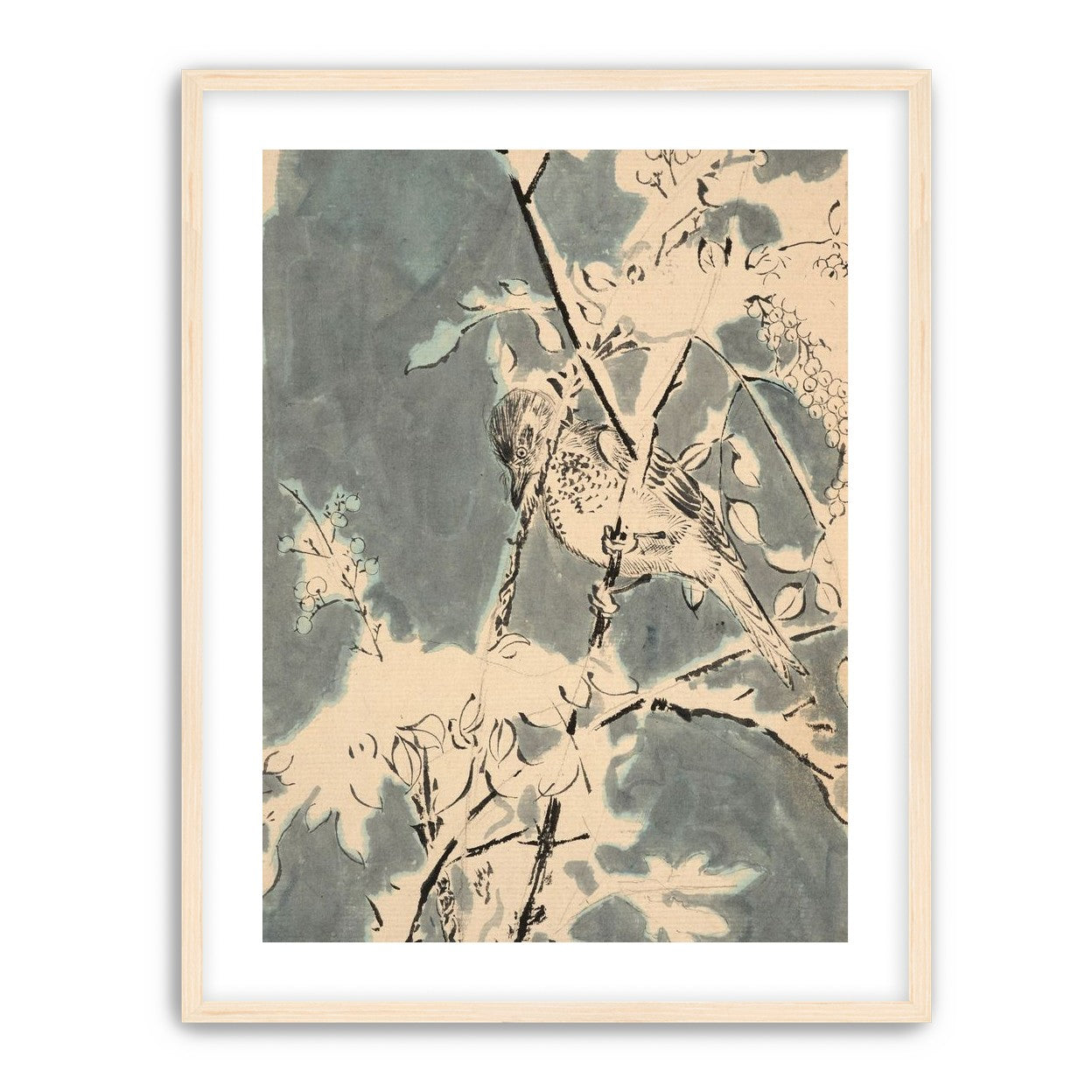 Quiet bird in berry branches
