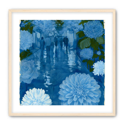 Blue street with flowers