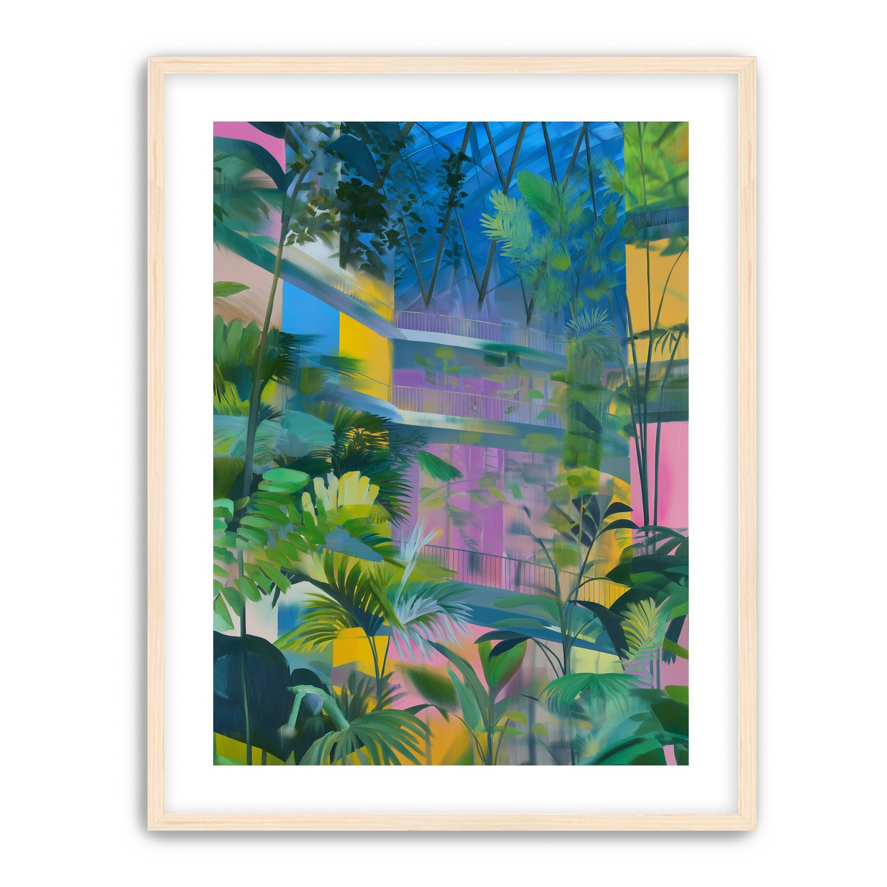 Blue roof over pink atrium