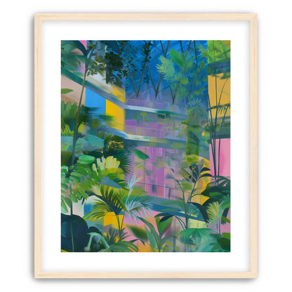 Blue roof over pink atrium
