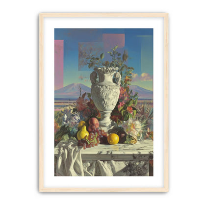 Urn and fruit before mountains
