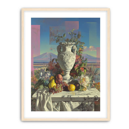 Urn and fruit before mountains