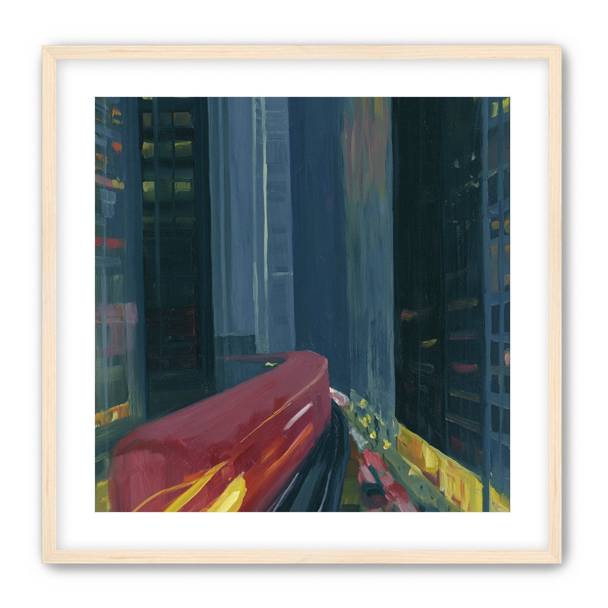 Red train in blue towers