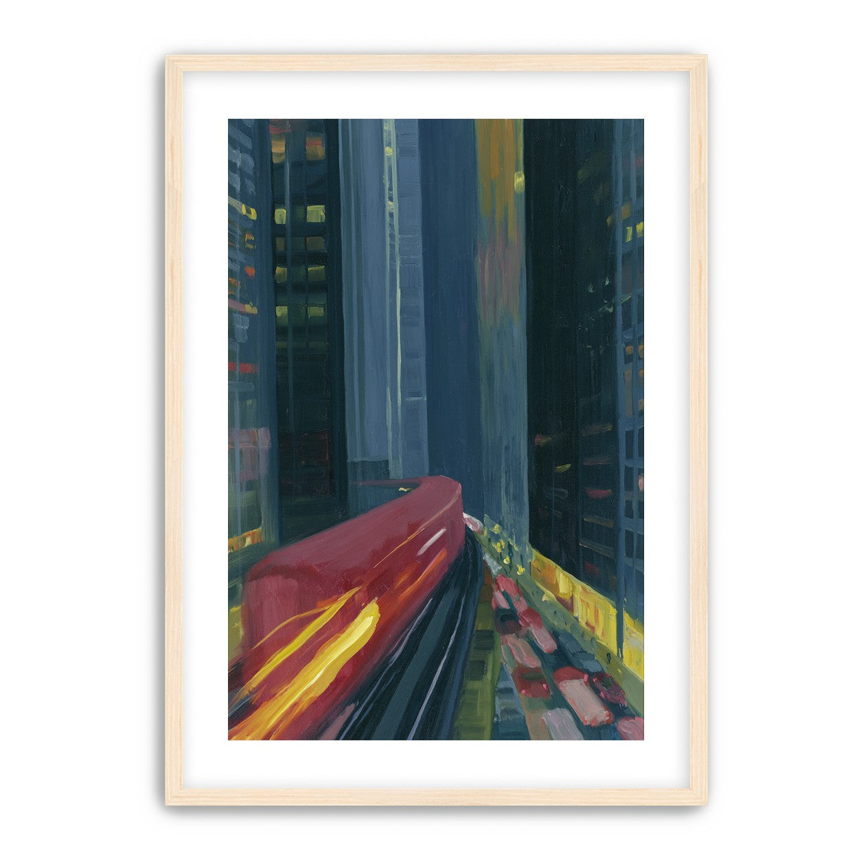 Red train in blue towers