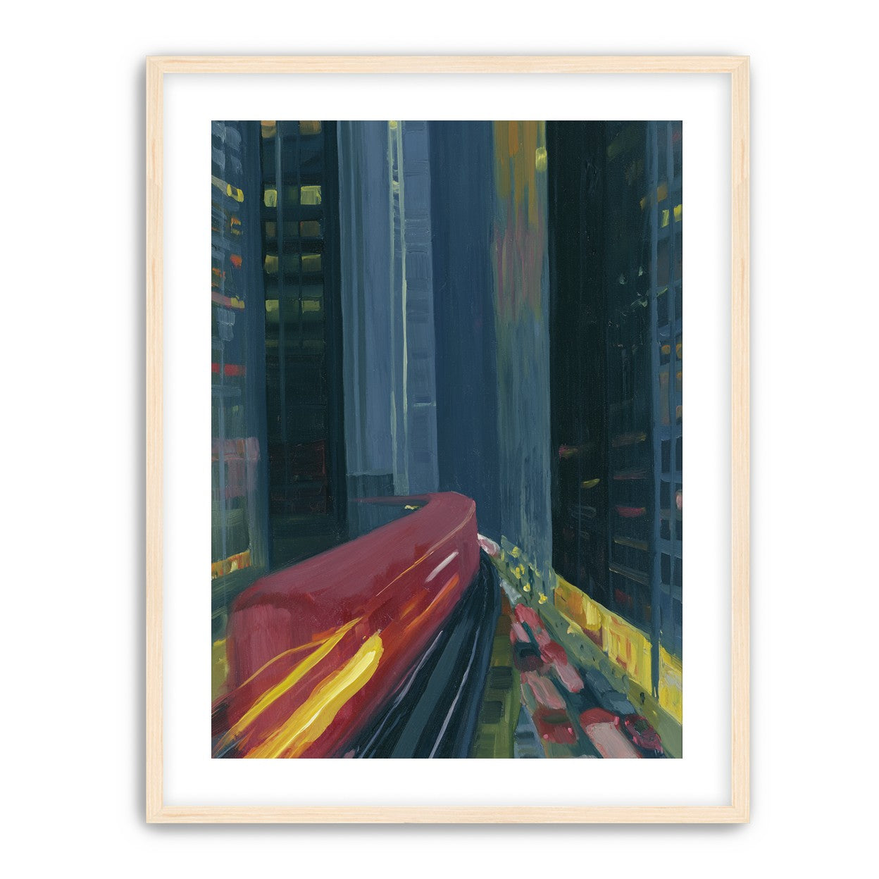 Red train in blue towers