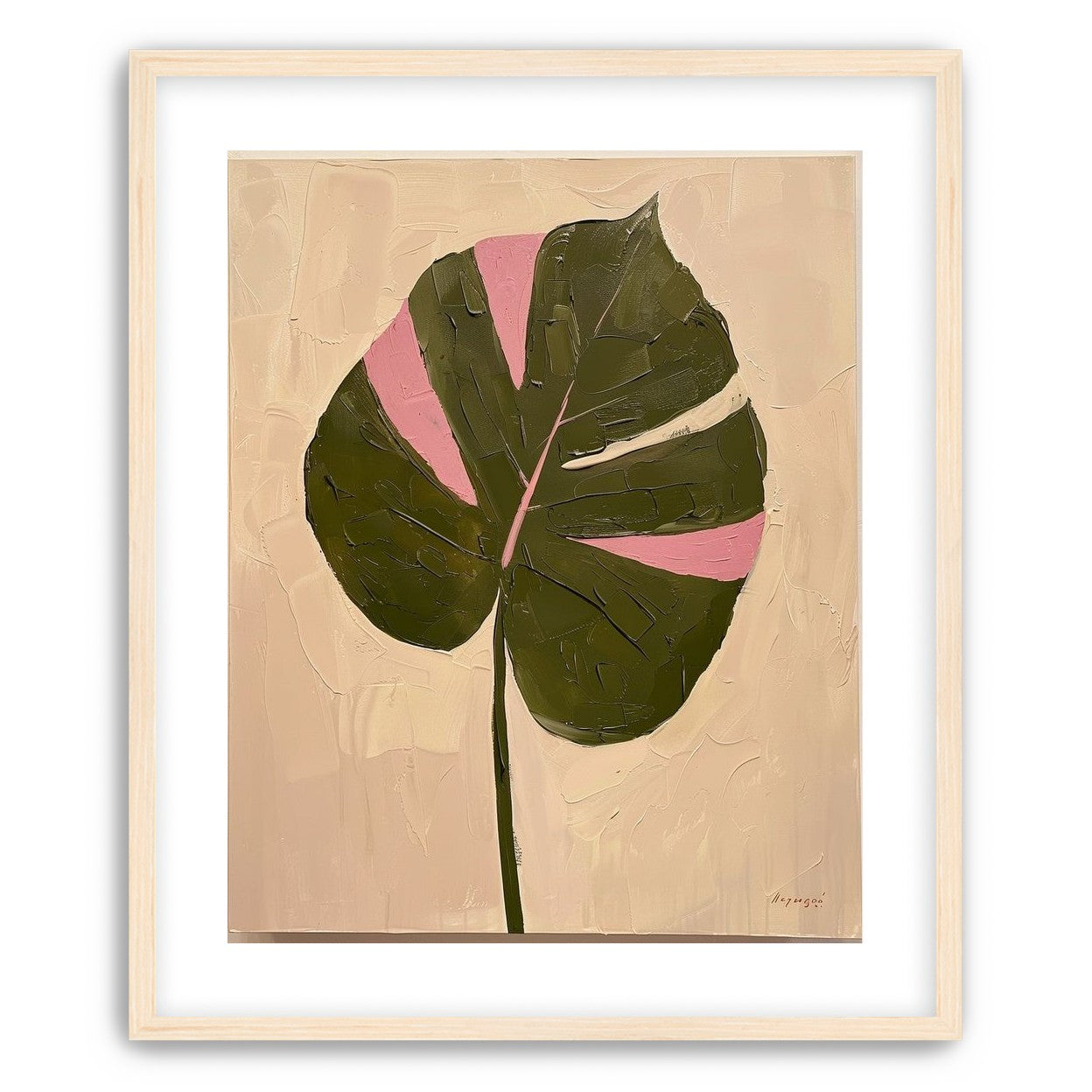 Pink banded leaf on plastered white